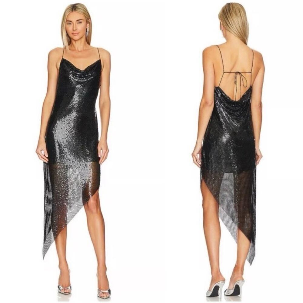 Alice + Olivia Black Chainmail Asymmetric Harmony Dress Size 2 NWT FLAWED